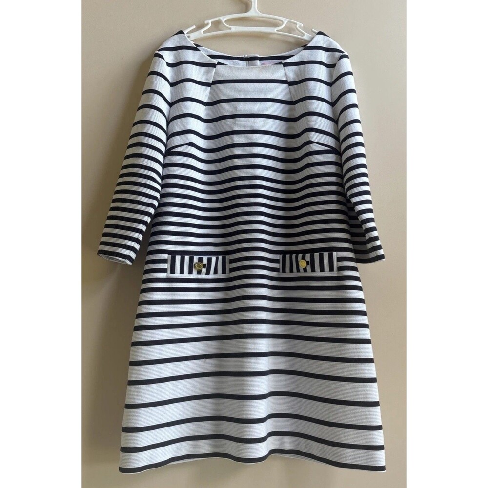 Ladies Lilly Pulitzer Black/White Striped Boat Neck 3/4 Sleeve Zip Dress Size XL